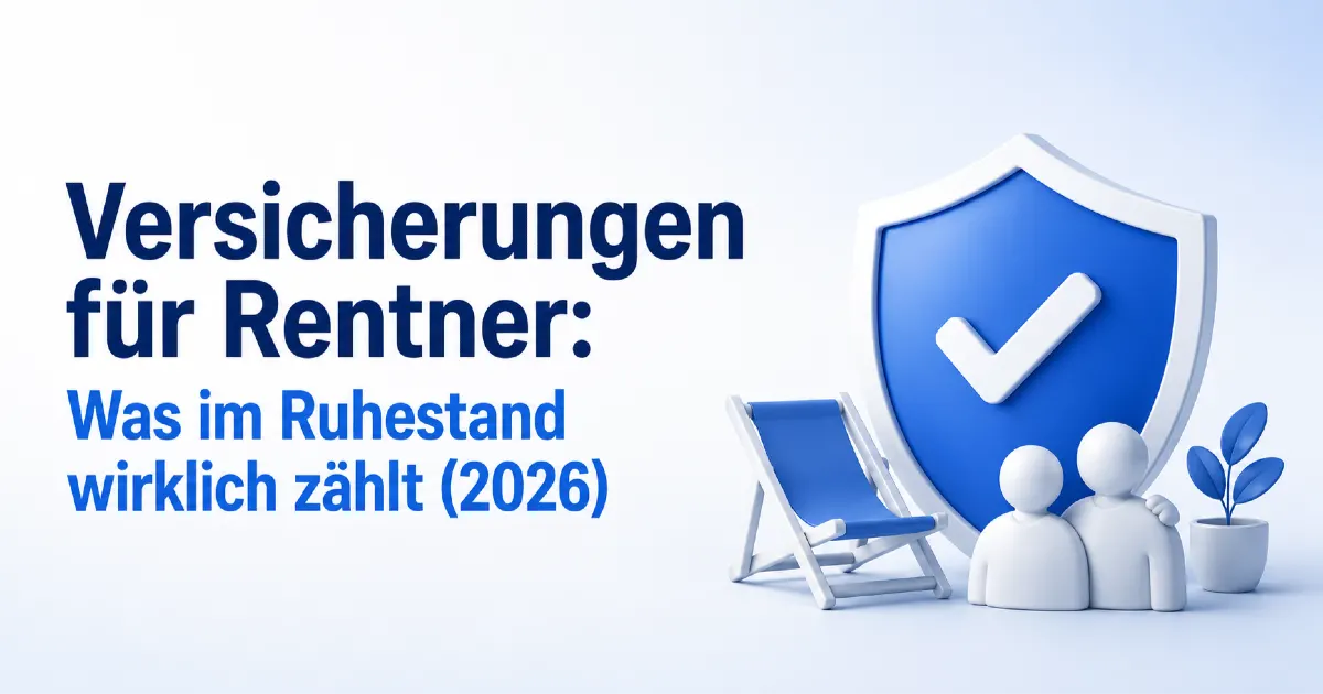 Versicherungen für Rentner 2026: modernes Titelbild mit Schutzschild, Ruhestand-Symbolen und älterem Paar zur Absicherung im Ruhestand.