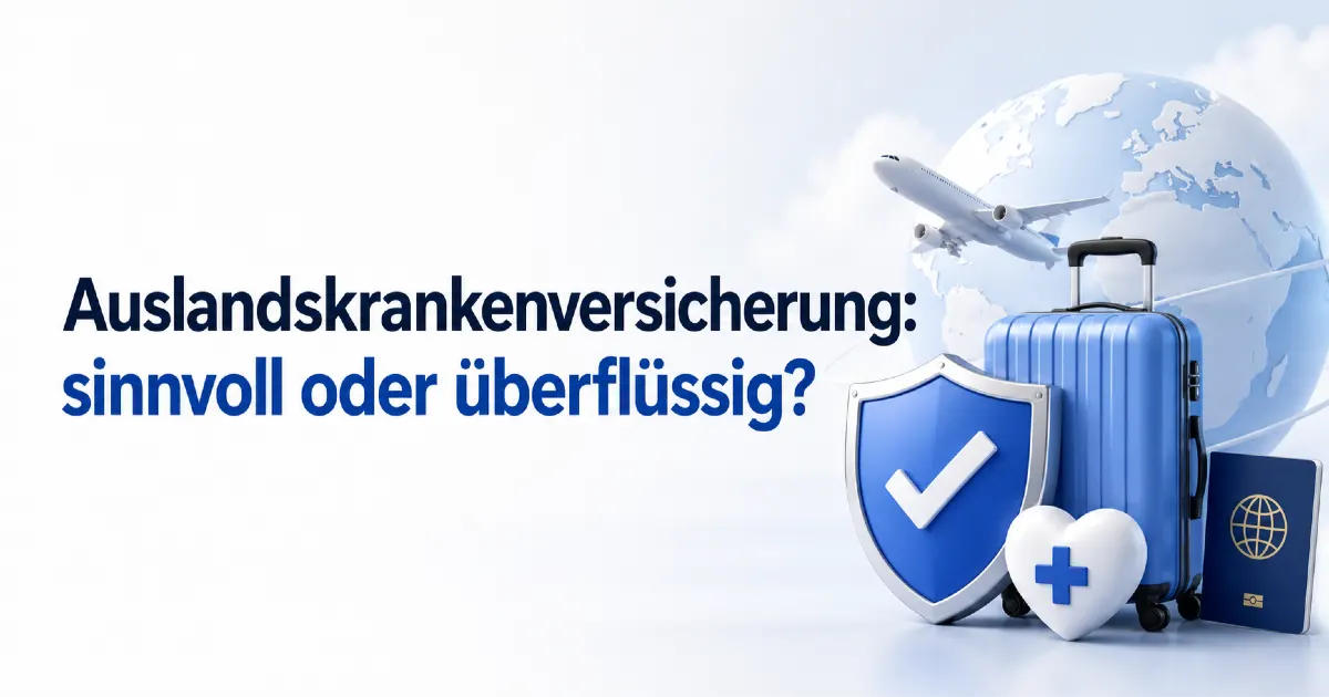 Auslandskrankenversicherung sinnvoll oder überflüssig: modernes Titelbild mit Koffer, Flugzeug, Globus, Schutzschild und Herzsymbol für medizinische Absicherung auf Reisen.