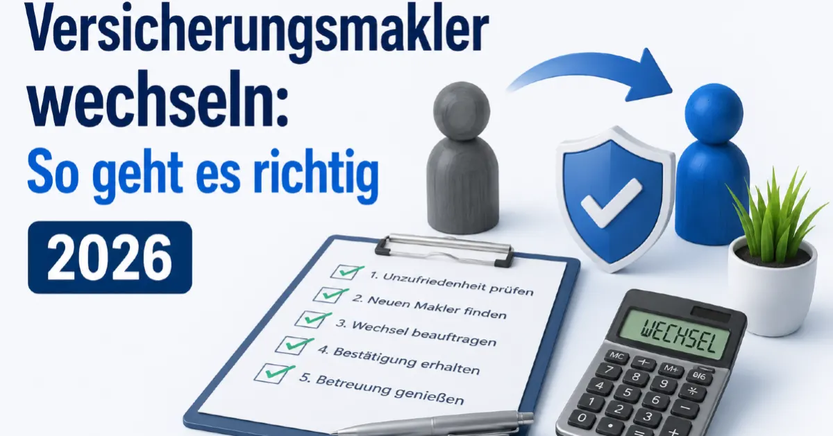 Versicherungsmakler wechseln 2026: modernes Titelbild mit zwei Personen-Symbolen, Pfeil, Schutzschild und Checkliste zum richtigen Maklerwechsel.