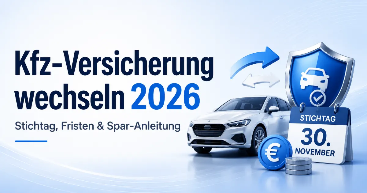 Kfz-Versicherung wechseln 2026 – weißes Auto mit Schutzschild und Kalender zum Stichtag 30. November