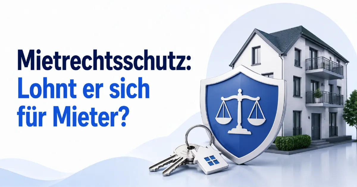 Grafik zur Mietrechtsschutzversicherung für Mieter. Der Text lautet: 'Mietrechtsschutz: Lohnt er sich für Mieter?'. Abgebildet sind Symbole: Ein silberner Schutzschild mit der Waage der Justiz, ein Sc