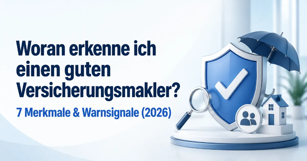 Guten Versicherungsmakler erkennen: modernes Titelbild mit Schutzschild, Lupe, Haus, Personen-Symbol und Regenschirm zur Prüfung von Seriosität und Warnsignalen.