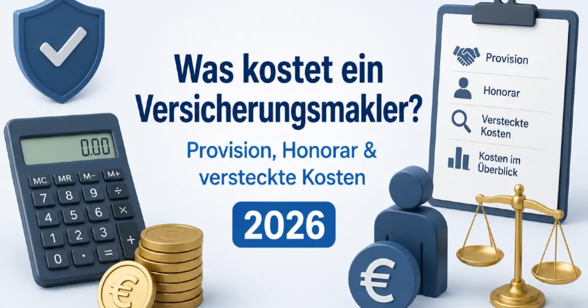 Kosten eines Versicherungsmaklers 2026: modernes Titelbild mit Taschenrechner, Münzen, Schutzschild, Waage und Symbolen für Provision, Honorar und mögliche Zusatzkosten.