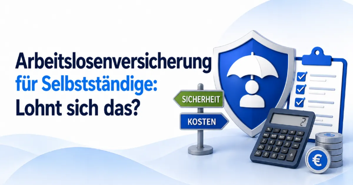 Arbeitslosenversicherung für Selbstständige: Titelbild mit Schutzschild, Checkliste, Taschenrechner und Euro-Münzen zu Sicherheit, Kosten und möglichem Versicherungsschutz für Selbstständige.