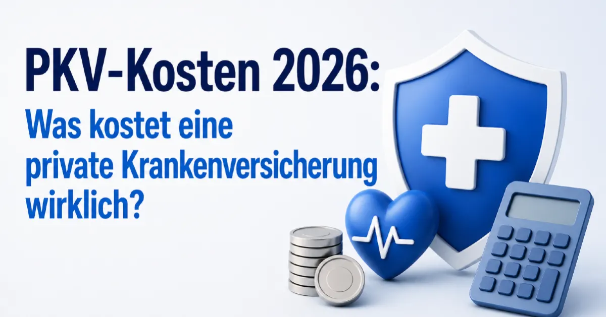 PKV-Kosten 2026 einfach erklärt: modernes Titelbild mit Schutzschild, Herzsymbol, Münzen und Taschenrechner zur privaten Krankenversicherung.