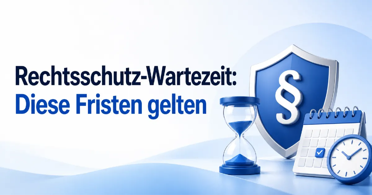 Rechtsschutz-Wartezeit: modernes Titelbild mit Schutzschild, Paragrafenzeichen, Sanduhr, Kalender und Uhr als Symbole für geltende Fristen.