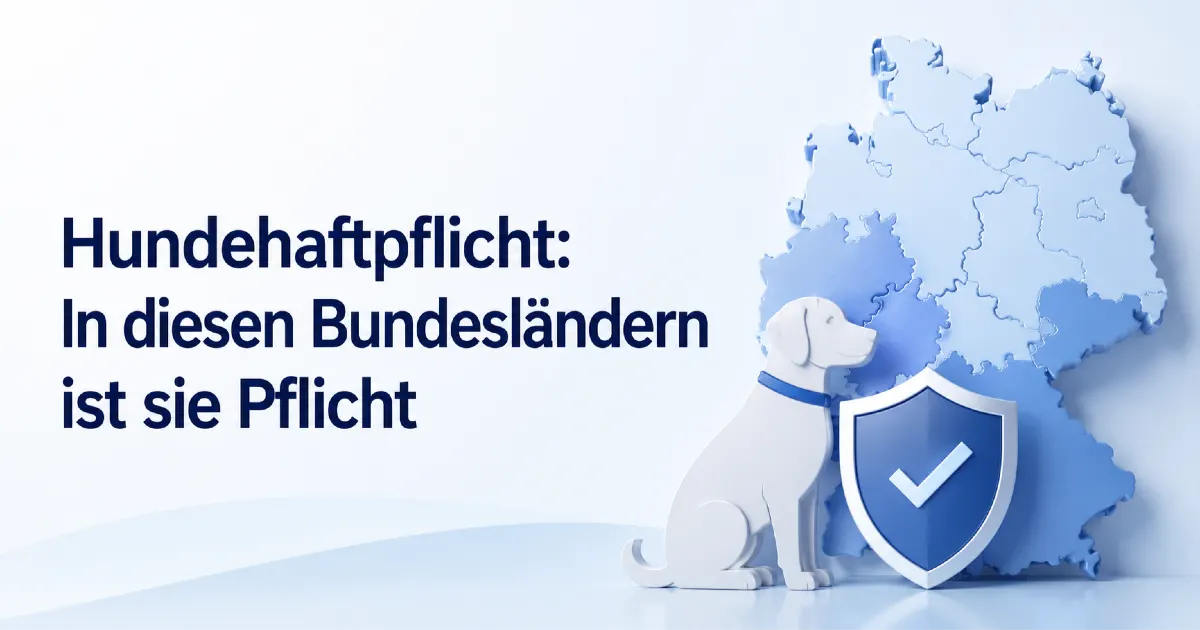 Hundehaftpflicht in Deutschland: modernes Titelbild mit Hund, Deutschlandkarte und Schutzschild zur Pflicht in einzelnen Bundesländern.