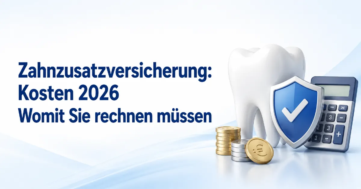Zahnzusatzversicherung Kosten 2026: modernes Titelbild mit Zahn, Schutzschild, Münzen und Taschenrechner zur Erklärung möglicher Beiträge.