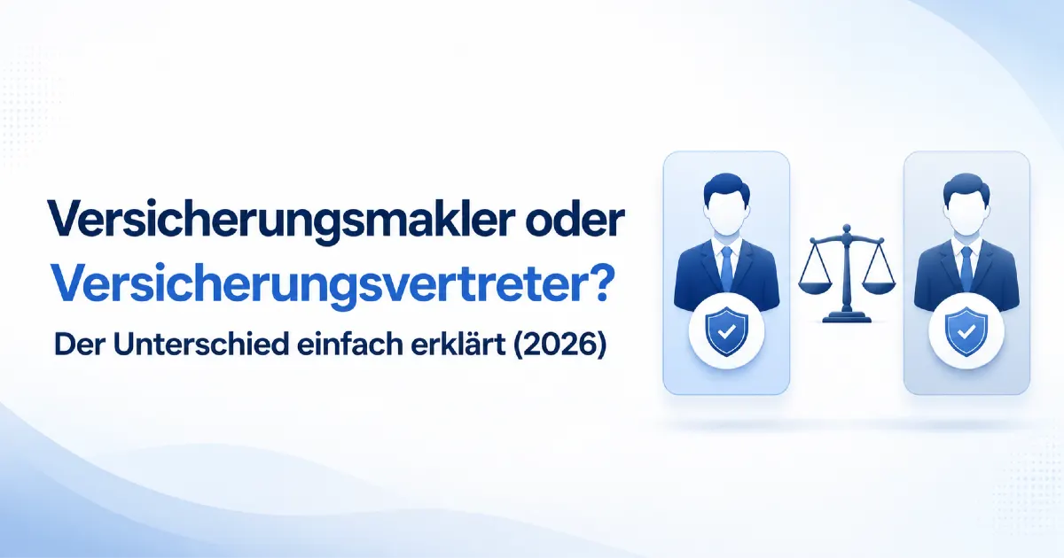 Versicherungsmakler oder Versicherungsvertreter: neutrales Titelbild mit zwei Berater-Symbolen, Waage und Schutzschild zur Erklärung der Unterschiede.