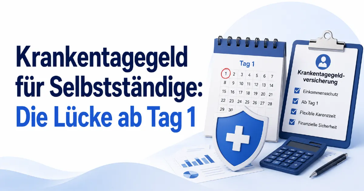 Krankentagegeld für Selbstständige: Titelbild mit Kalender ab Tag 1, Schutzschild, Taschenrechner und Versicherungsunterlagen zum Einkommensschutz bei Krankheit.