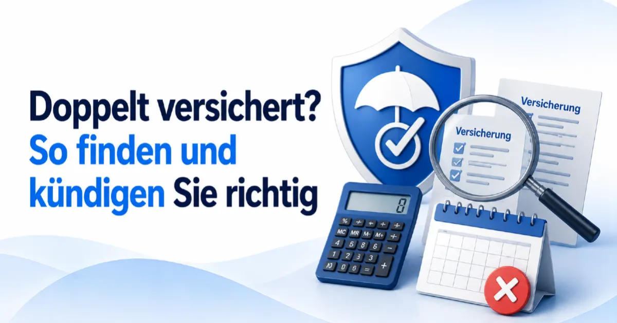 Doppelt versichert: Titelbild mit Schutzschild, zwei Versicherungsdokumenten, Lupe, Kalender und Kündigungssymbol zum Erkennen und Beenden von Doppelversicherungen.