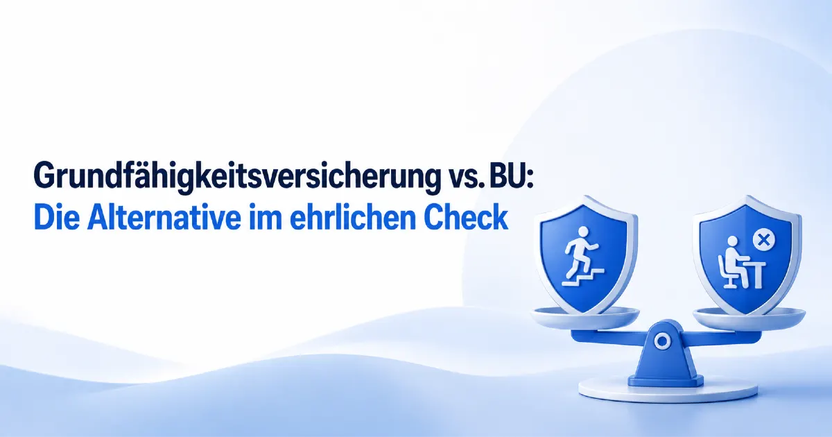 Grundfähigkeitsversicherung vs. BU: Titelbild mit zwei Schutzschildern auf einer Waage als Symbol für den Vergleich beider Absicherungen.