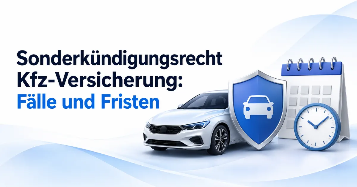 Sonderkündigungsrecht bei der Kfz-Versicherung: Titelbild mit Auto, Schutzschild, Kalender und Uhr als Symbol für Fälle und Fristen einer außerordentlichen Kündigung.