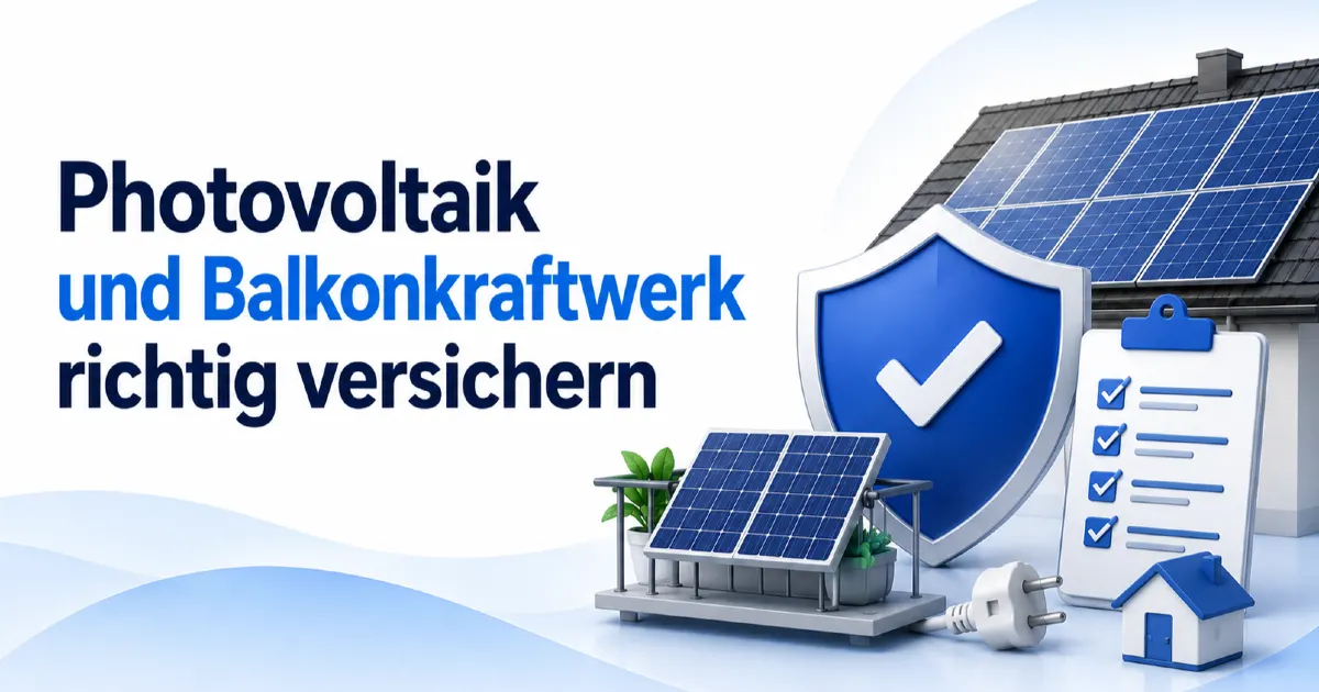 Photovoltaik und Balkonkraftwerk versichern: Titelbild mit Solaranlage auf dem Hausdach, Balkonkraftwerk, Schutzschild, Checkliste und Stecker als Symbole für passenden Versicherungsschutz.