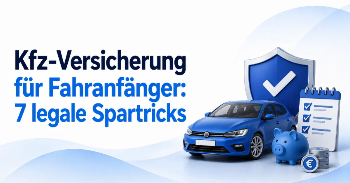 Kfz-Versicherung für Fahranfänger: Titelbild mit Auto, Schutzschild, Checkliste, Sparschwein und Euro-Münzen zu sieben legalen Sparmöglichkeiten bei der Autoversicherung.