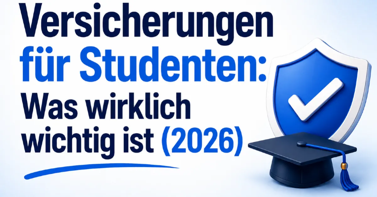 Versicherungen für Studenten 2026: modernes Titelbild mit Schutzschild, Häkchen und Doktorhut als Symbol für wichtige Absicherung im Studium.