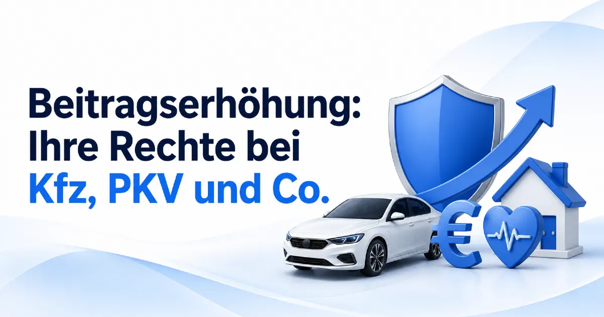 Beitragserhöhung bei Versicherungen: Titelbild mit Auto, Schutzschild, Euro-Symbol, Haus und Gesundheitssymbol zu Rechten bei Kfz-, PKV- und weiteren Versicherungen.