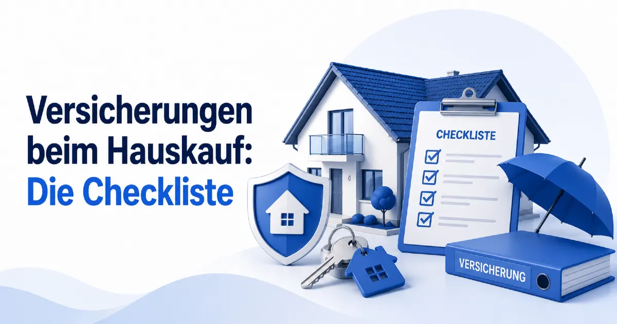 Versicherungen beim Hauskauf: Titelbild mit Wohnhaus, Schutzschild, Schlüssel und Checkliste zur Absicherung beim Immobilienkauf.