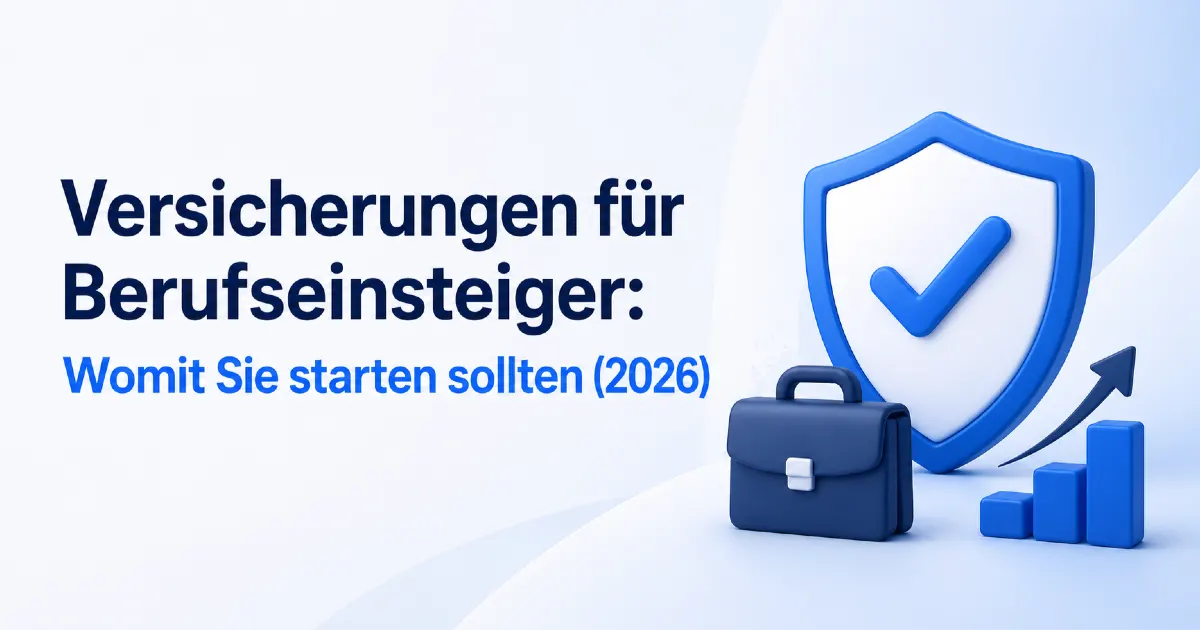 Versicherungen für Berufseinsteiger 2026: modernes Titelbild mit Schutzschild, Aktentasche und Wachstumssymbol für den Start in Ausbildung oder ersten Job.
